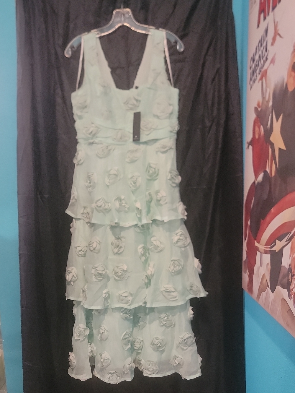 Lulu's Mint Tiered Rose Appliqué Midi Dress